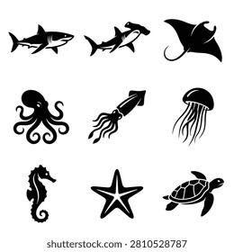 Collection of underwater sea creatures silhouettes featuring shark, hammerhead, stingray, octopus, squid, jellyfish, seahorse, starfish and sea turtle in vector format.