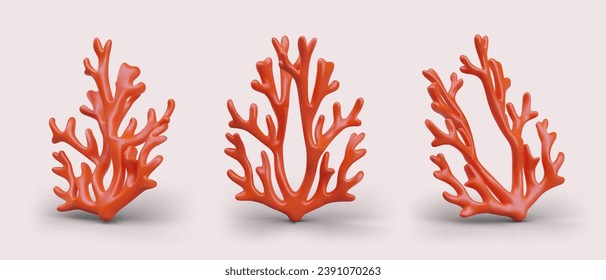 Collection with underwater sea plants, and elements for aquarium. Coral composition in different positions. Colorful ocean plant. Vector illustration in 3D style with warm background