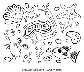 Collection underwater world, in Doodle style vector illustration. Set for packaging design, fabrics,greeting cards, decor on the disnes.