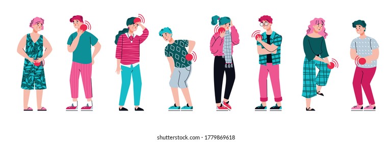 Collection of unhappy people suffering ache or pain in different body parts. Set of pain types of ill people. Vector illustration isolated on a white background.