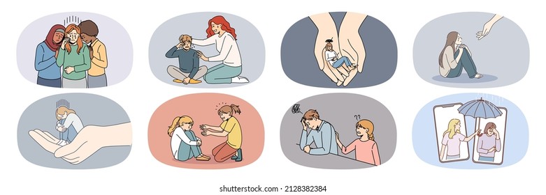 Collection of unhappy stressed people feel depressed get help from friend or relative. Set of upset person suffer from depression receive support and care. Feeling supportive. Vector illustration.  svg