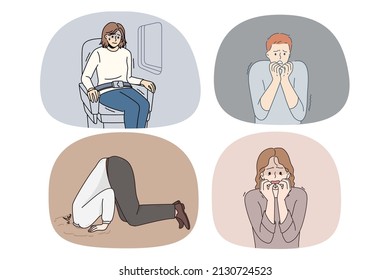 Collection of unhappy terrified people feel scared and frightened. Set of upset anxious men and women struggle with panic attack or anxiety have psychological problems. Vector illustration. 