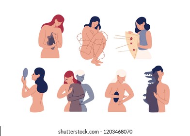 Collection of unhappy young men and women with mental disorders, psychiatric impairments, emotional problems isolated on white background. Colorful vector illustration in flat cartoon style.