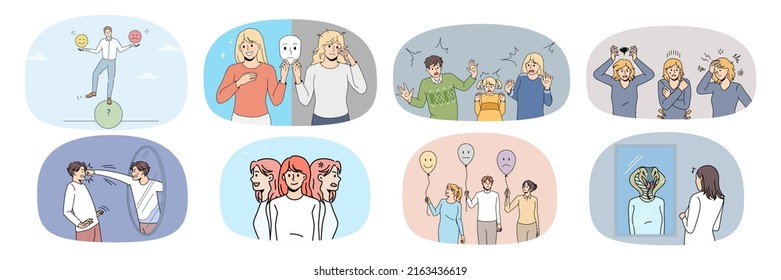 Collection Of Unhealthy People Feel Stressed Have Schizophrenia Or Mental Psychological Problems. Set Of Distressed Men And Women Suffer From Bipolar Or Personality Disorder. Vector Illustration. 