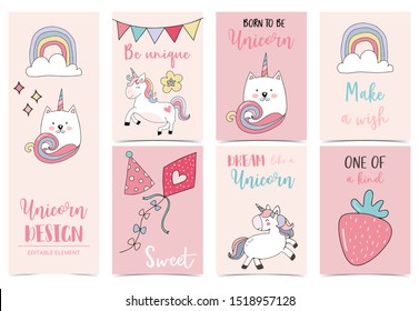 Colección de fondo unicornio con arcoiris, unicornio, caticorn.Ilustración vectorial para invitación de cumpleaños, postal y adhesivo.Elemento editable