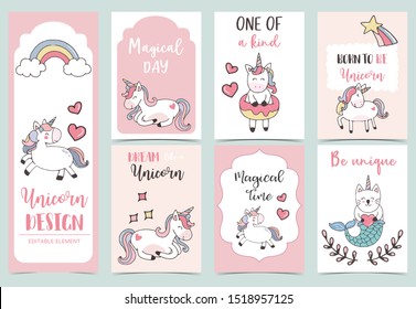 Collection of unicorn background set with rainbow,unicorn,mermaid.Vector illustration for birthday invitation,postcard and sticker.Editable element