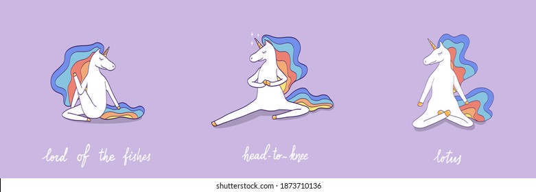 Collection of unicorn doing yoga, different poses with funny animal. Cute horse with rainbow mane exercises meditation.