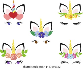 collection unicorn face with flowers