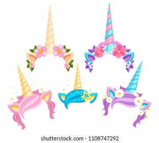 Collection of Unicorn tiaras with flowers and leaf. Vector fashion accessory headband. Vector illustration isolated on white background. svg