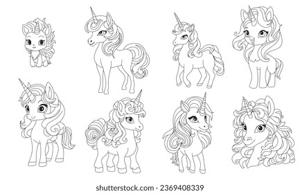 Collection of unicorns in doodle style. Hand drawn unicorn isolated on white background. Set of outline unicorns for icon or logo. Vector illustration.