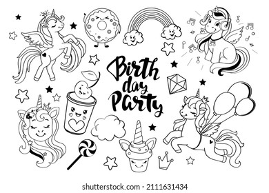 Collection of unicorns and the inscription happy birthday on a white background. Vector cartoon illustration coloring book for children one line