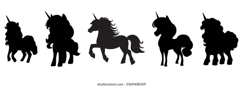 Collection of unicorns silhouette. Set silhouettes of unicorn isolated on white background. Vector illustration.