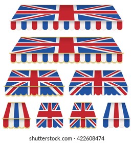 collection of union jack awning decorations in two styles, silver and gold
