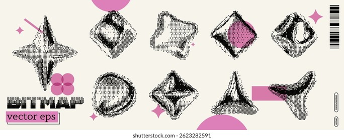 A collection of unique, abstract shapes is arranged on a soft background, highlighting the influences of y2k and dadaism. The design invites viewers to explore artistic experimentation and creativity.
