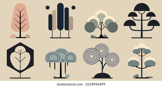 Collection of Unique Abstract Tree Shapes in Minimalist Flat Style