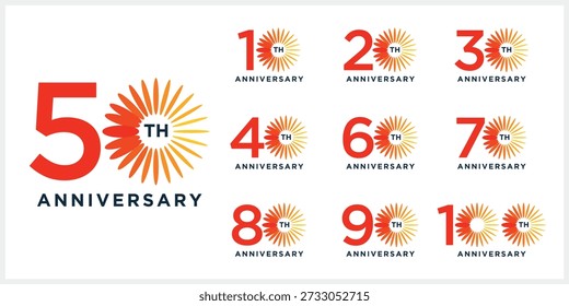 Collection of unique anniversary logo design. Celebration days special vector, firework sunlight symbol icon concept, 10 to 100 logo graphic icon	