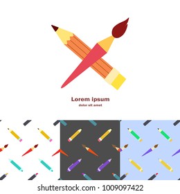 Collection of a unique artistic logo and three seamless patterns. Branding identity set for art schools, studios, companies. Crossed art tools.