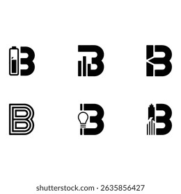 Collection of unique B logo designs, featuring energy, growth, ideas, modern architecture on a bright white background, showcasing potential for branding and innovation.