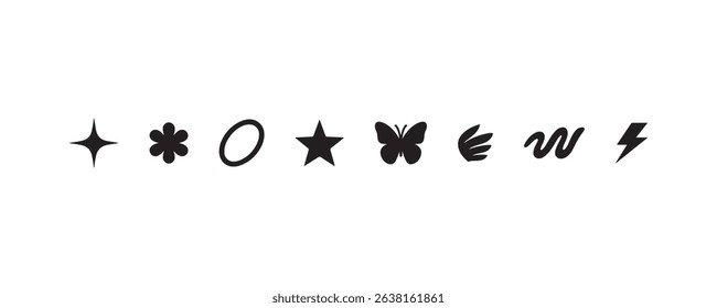 Collection of unique black symbols on white background featuring star and butterfly shapes.
