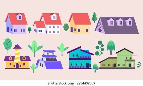 a collection of unique and cute home designs complemented by trees. suitable to be placed on the map as the location of the home address