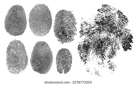 A Collection of Unique Fingerprint Patterns Showing Both Clear Detailed Ridges and A Blurred Smudged Print on a White Background, Illustrating Individuality and Identification