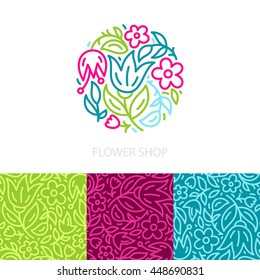 Collection of unique floral logo and three seamless patterns with linear style flowers. Branding identity set for flower shop, bridal boutique, beauty salon. Vector floral set.