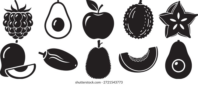 Collection of unique fruit shapes. Specialty produce graphic elements. Healthy nutrition icons for infographics. Textured fruit silhouettes. Tropical and temperate climate fruit set.