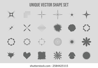 A collection of unique geometric shapes, including stars, bursts, and stylish forms. Ideal for graphic design, branding, and digital assets. High-quality vector elements for versatile use.