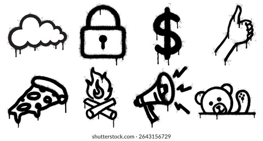 collection of unique graffiti-style icons including a cloud, padlock, dollar sign, hand gesture, pizza slice, campfire, megaphone, and teddy bear.