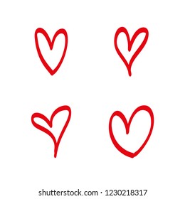 Collection of unique hand drawn hearts. Doodle design elements. Romance and love symbol.