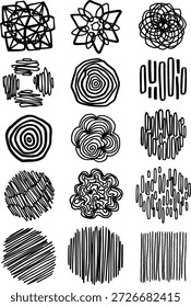 Collection of unique hand-drawn abstract doodle patterns and scribble shapes in black and white vector illustration style for creative design elements