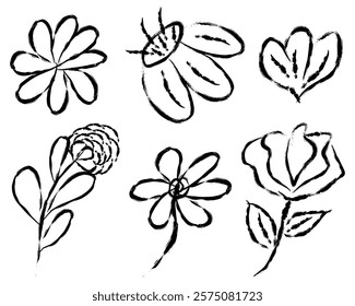 Collection of unique hand-drawn flower designs artistic brush stroke, ideal for art projects, invitations, or decorative purposes.