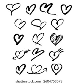 A collection of unique heart symbols displayed in various artistic styles, each representing different expressions of love and emotions. The sketches vary in form and complexity, inviting creativity.