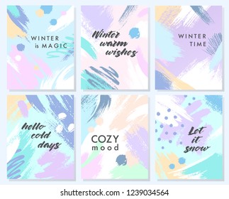 Collection of unique holidays cards with hand drawn shapes and textures in soft pastel colors.Trendy greetings design perfect for prints,flyers,banners,invitations and more.Vector winter collages.