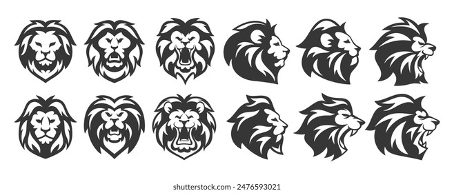 Collection Of Unique Lion Head Silhouettes In Different Artistic Styles, Front And Profile View. Vector Monochrome Set