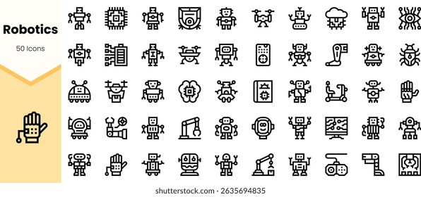 A collection of unique robotics icons featuring various robot designs in a minimalist line art style, showcasing innovation and technology.