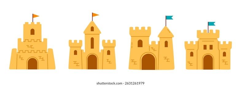 Colección de castillos de arena únicos con banderas. Ideal para temas de playa, gráficos de verano e ilustraciones para niños.