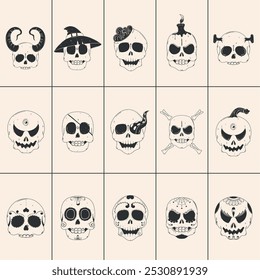 Collection of unique skull designs in black and white, Vector