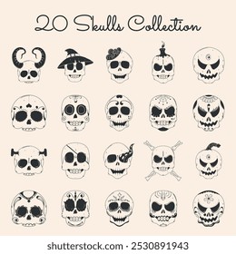 Collection of unique skull designs in black and white, Vector