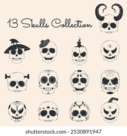 Collection of unique skull designs in black and white, Vector