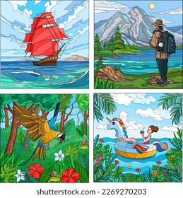 
A collection of unique vector illustrations on the theme of travel. A ship in the sea, a traveler in the mountains, a parrot in the jungle, a girl on an inflatable unicorn.