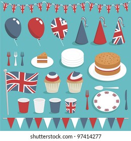 collection of united kingdom party items with balloons, cake and bunting