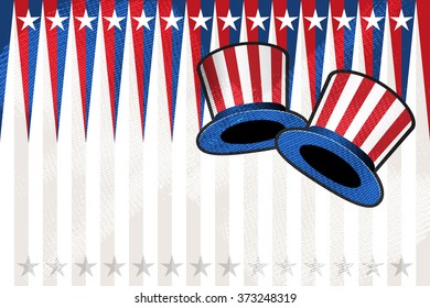 Collection of United States of America Copyspace Background. Fourth of July, Independence Day, Washington's Birthday (Presidents Day). Vector Background with  Cylinder hat, USA color stars and stripes