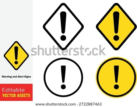 Collection of Universal Alert and Warning Symbols Featuring Exclamation Marks in Various Geometric Shapes and Safety Yellow Colors

This professional graphic set features a comprehensive collection of universal alert and warning symbols, each centered around a prominent black exclamation mark. The collection includes four distinct icons designed in classic geometric shapes, including cautionary diamonds and bold circles. The set showcases variations in design, from bright yellow filled backgrounds with thick borders to clean outlines. These symbols are meticulously crafted using the globally recognized warncolor palette of stark black and high visibility yellow to ensure immediate recognition and comprehension of caution and vigilance. Isolated on a plain background, these high quality vector assets are perfect for industrial safety signage, digital UI,UX alerts, traffic warning systems, and public safety protocols. The variety of styles, including both solid and outlined designs, provides designers with a versatile toolkit for communicating potential hazards, urgent information, and critical points of concern effectively across both digital and print media.

Key Features include
Standard Safety Geometry Includes both diamond and circular warning signs, following international standards for hazard and alert communication.

High-Visibility Color Palette Uses a bold combination of yellow and black for maximum contrast and quick visual processing in emergency situations.

Versatile Design Styles Features solid-filled icons for bold statements and clean outline versions for minimalist or modern interface designs.

Professional Vector Quality Provided as fully scalable and editable vector files, allowing for easy customization of size, border thickness, and color without any loss of detail.