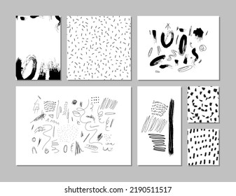 Collection of universal artistic abstract hand drawn strokes backgrounds. Graphic design for banner, poster, card, cover, invitation, placard, brochure, flyer, social media decor. Vector art.