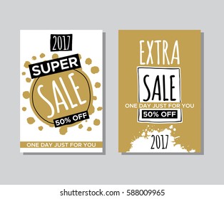 Collection of universal black gold sale and other typography flyer template with lettering. Poster, card, label, banner design set. Vector illustration EPS10