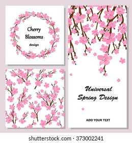 Collection of universal cards with cherry blossoms. Spring wreath with sakura branches. Seamless pattern.