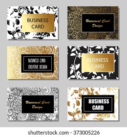 Collection of universal cards templates with hand drawn floral ornaments and gold texture. Spring feminine backgrounds.