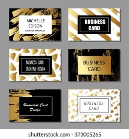 Collection of universal cards templates with hand drawn artistic brush strokes and gold texture.