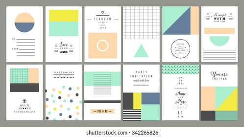 Collection of universal cards. Templates with trendy geometric shapes, patterns and colors. Wedding, marriage, bridal, birthday,  Valentine's day. Creative unusual posters. Gradients free. Isolated